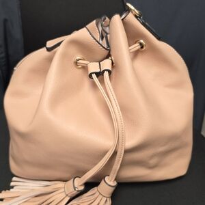 Peach Leather Drawstring Tassel Bucket Bag